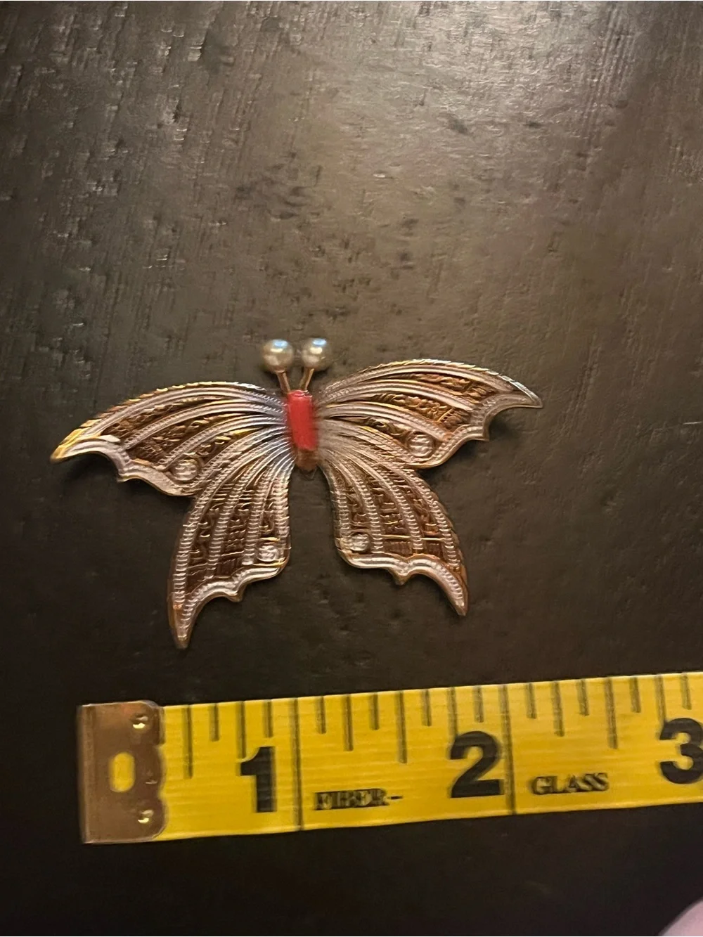 Vintage Damascene Butterfly Brooch with Red Accent and Pearl Antennae